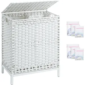 Laundry Hamper with Lid,112 L Handwoven Rattan Wicker Laundry Basket, 2 Removable Liner Bags Heightened Feet,6 Mesh Bags,2 Section Large Clothes Hamper for Bedroom, Cloud White