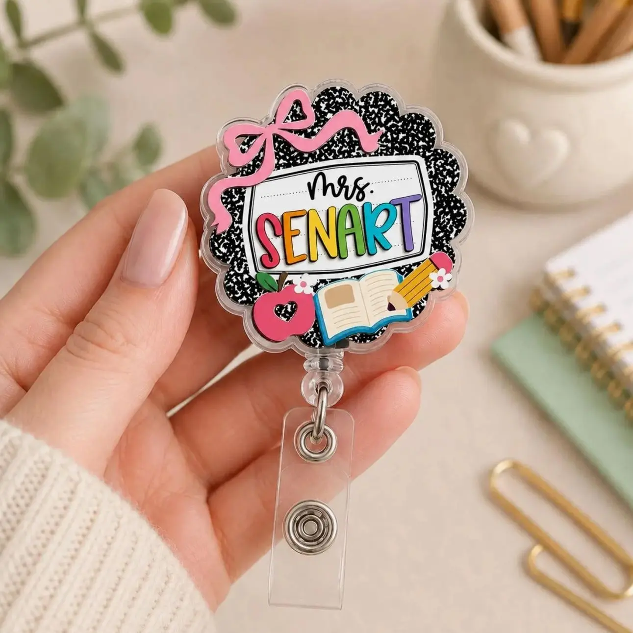 Custom Name Teacher Badge Reel, Personalized School ID Clip, Retractable Badge Holder, Cute Back-to-School Gift for Teachers and Staff