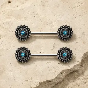 Green Opal Ornate Nipple Bar 14G Black Plated Pair