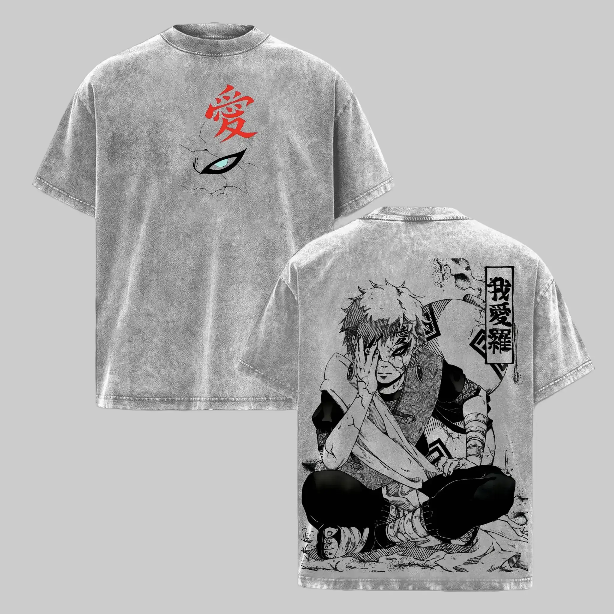 Gaara - Naruto Anime Double Printed Vintage Washed Tee Unisex Oversize Anime Manga Washed Heavyweight Cotton T-shirt, Gift For Anime Fan