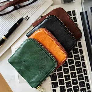 Genuine Leather L-Zip Bifold Wallet - Premium tumbled natural tanned Cowhide - ID Window & Card Slots - YKK Zipper
