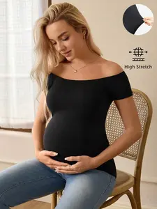 Maternity Off Shoulder Solid Color Casual Basic Spring Summer T-Shirt For Daily Wear