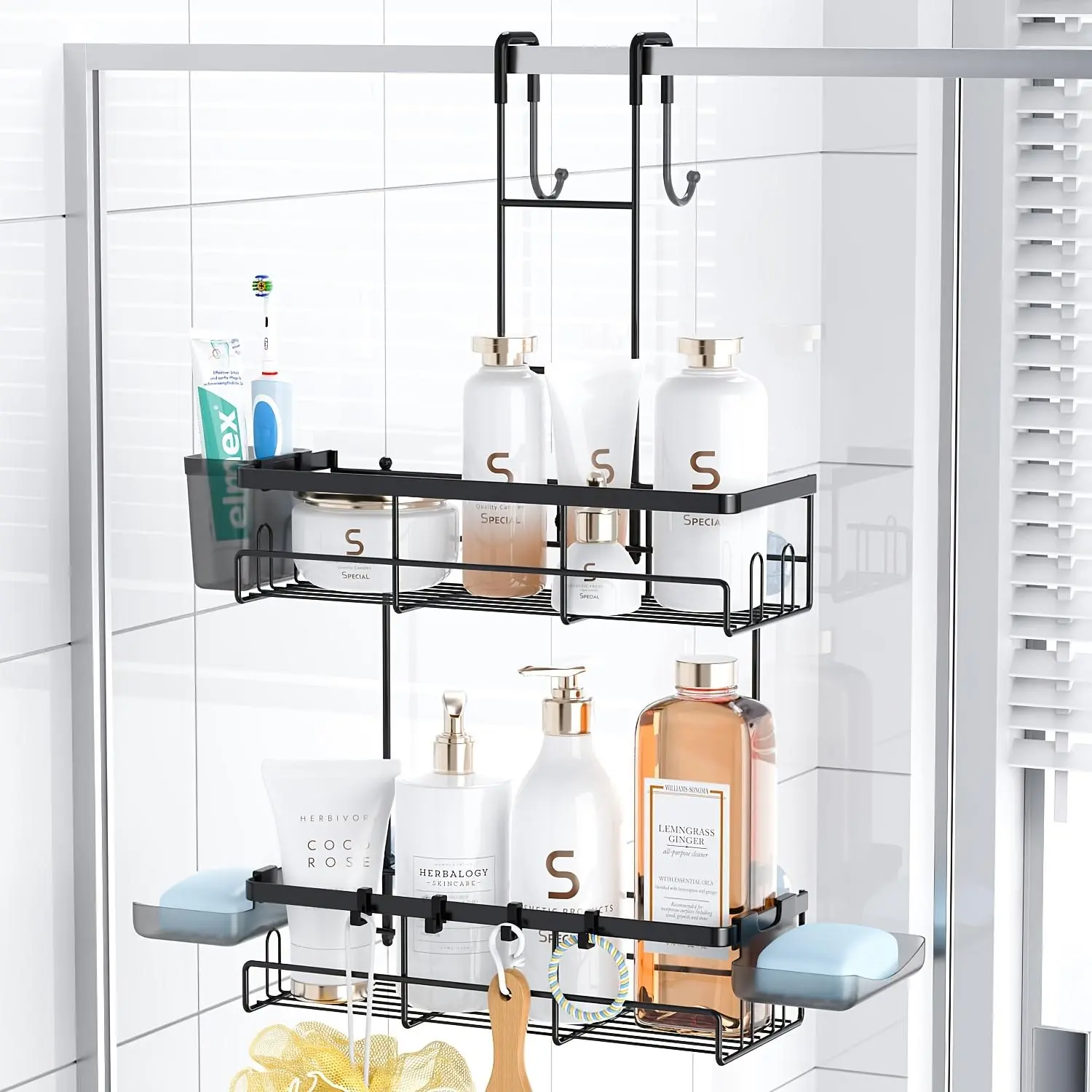 Jabukosu Over the Door Hanging Shower Caddy - Stainless Steel Bathroom Accessory, Rustproof, Durable Modern No-Drilling Bathroom Organizer for Interior Use