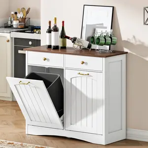 HOOBRO Double Tilt-Out Trash Can, Hidden Bin Storage with 2 Drawers, Freestanding Kitchen Island Furniture, Sideboard Storage for Kitchen, Laundry Room, White and Walnut (Mother's Day Gift), Furniture For Kitchen, Sideboard Storage Cabinet