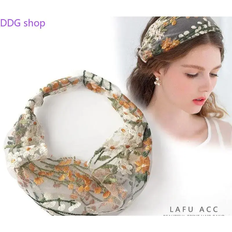 Women's Summer Wide Fit Lace Fabric Headband, Trendy Floral Embroidery Hair Accessory, Lightweight Headwrap for Hair Control, Outdoor-Vacation Wear, Outfits-Compatible Sports Headband
