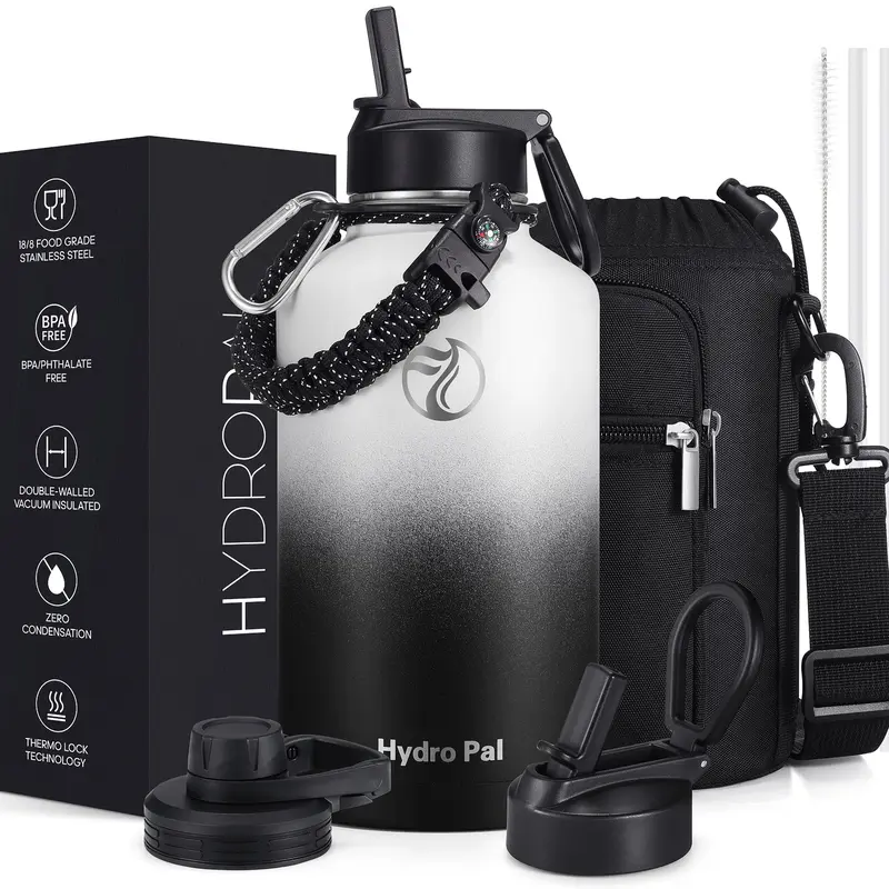 Hydropal 64oz Portable Stainless Steel Insulated Water Bottle Flask - Wide Mouth Double-Wall Vacuum Thermo, BPA-Free with Chug & Straw Lids, Paracord Carrier Tumbler for Hiking, Mens Gifts for Him Boyfriend Unique Cool Gifts Outdoor Stuff for Adults