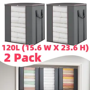 Totes 2 Pieces Clothes Storage 120L (15.6 W X 23.6 H) Foldable Thick Fabric Blanket Storage Bags, Containers for Organizing Bedroom, Closet, Clothing, Comforter,Organization with Handle - Home Improvement. Organiser Grey