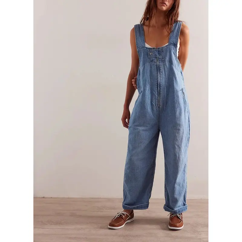 2026  Women's Baggy Backless Bib Overalls - Sleeveless, Strap Design, Wide-Leg, Zipper-Closure, Pockets, Minimalist Loose Classic Blue Jean Material  Casual Fashion Outfits, Blue Overalls