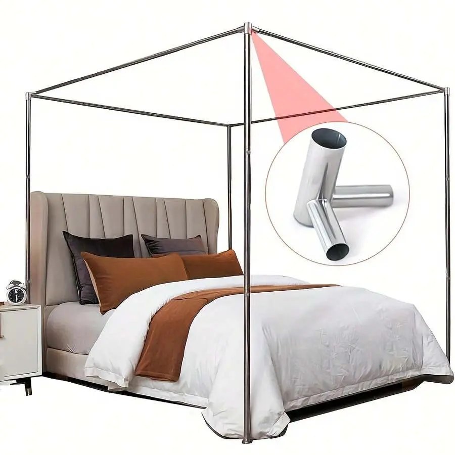 Stainless Steel Canopy  Frame Modern 4-Post Metal  with Mosquito Netting Poles Reinforcement Tee Threaded Design Bedroom Furniture Bed Contemporary Black Faux Leather Couch Set living room