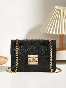 Women's Retro Crocodile-Embossed PU Leather Small Square Bag with Metal Chain Strap, Trendy Classic Flap Shoulder Bag with Buckle and Zipper Closure, Chic Chain Crossbody, Chain Crossbody Bags