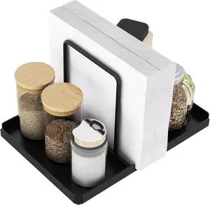 Metal Napkin Holder with Salt and Pepper Shakers Caddy for Kitchen Dining Table Decor - Black/Gold