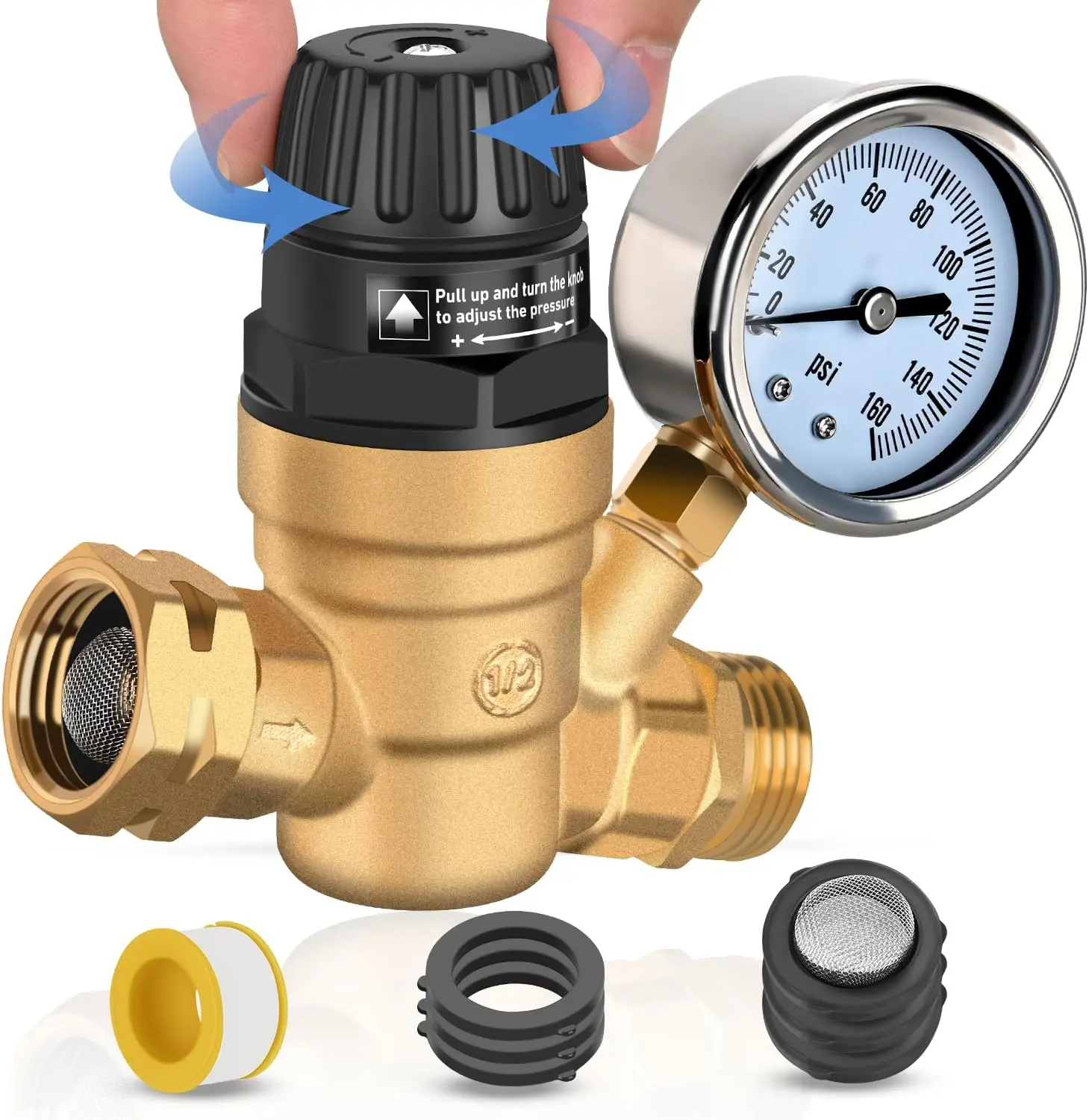 Nilight NSF Lead-Free Brass RV Water Pressure Regulator with Adjustable Handle, Pressure Gauge, Inlet Screen Filter, 3/4" Female Hose Inlet, 0-160psi Range for RV Camper, Travel Trailer & U.S. Water Systems