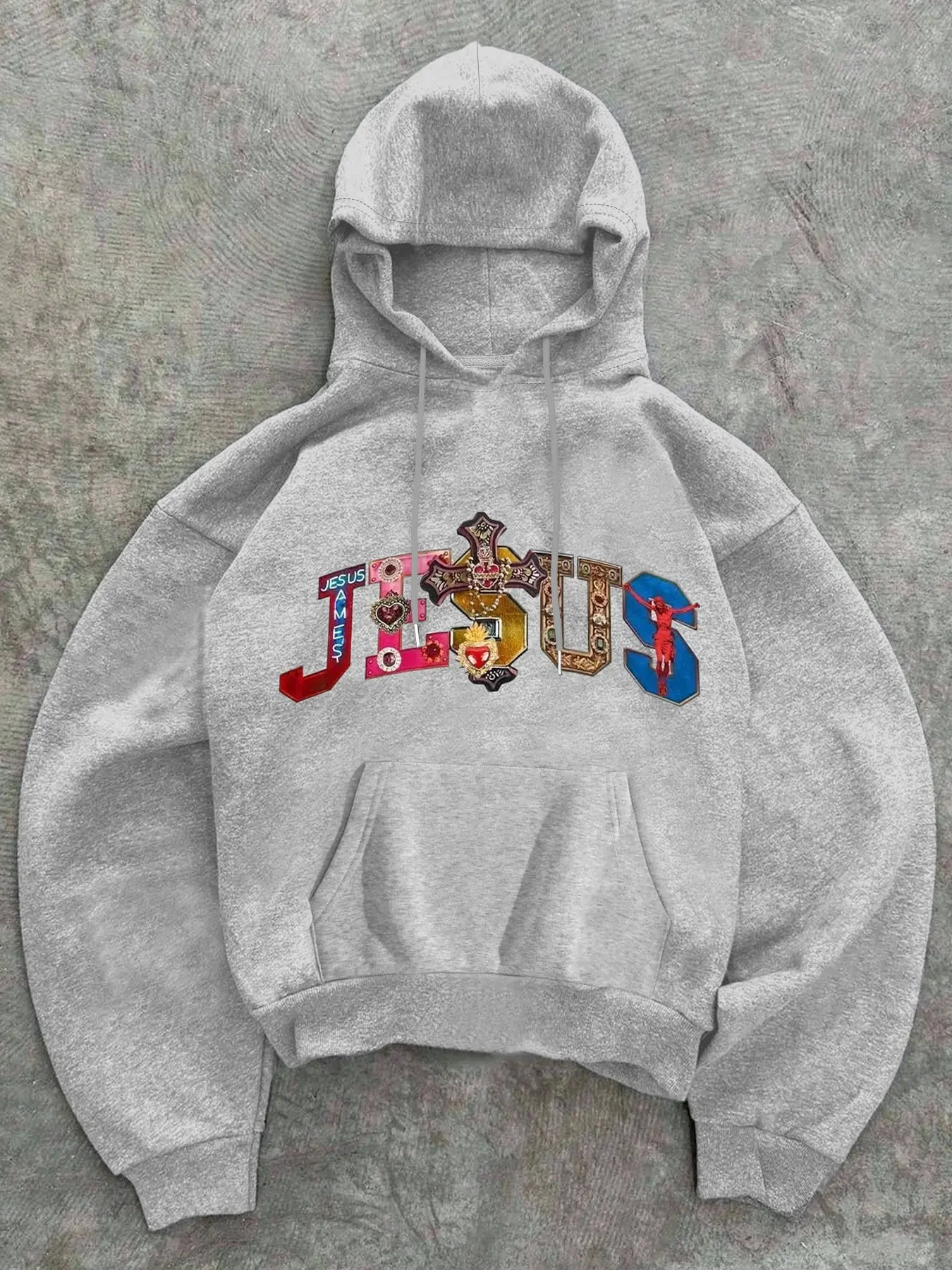 Neutral Hoodie Long Sleeve with Vibrant Jesus Print and Cross Pattern, Christian Street Style Pullover for Fall & Winter Casual Wear
