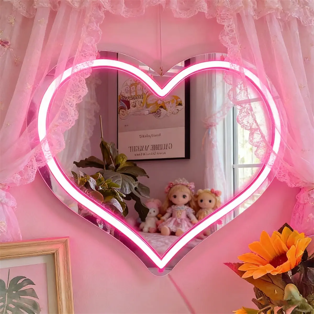 1 PC Wall-Mounted Light Up Mirror Heart Acrylic Carved Neon Light, Mirror And Lights, Mirror Lamp, Dimmable Lighted Mirror, Home Lighting, USB Powered Dimmable, Illuminated Mirror, Perfect for Gaming Room, Parties, Home Bar, etc.