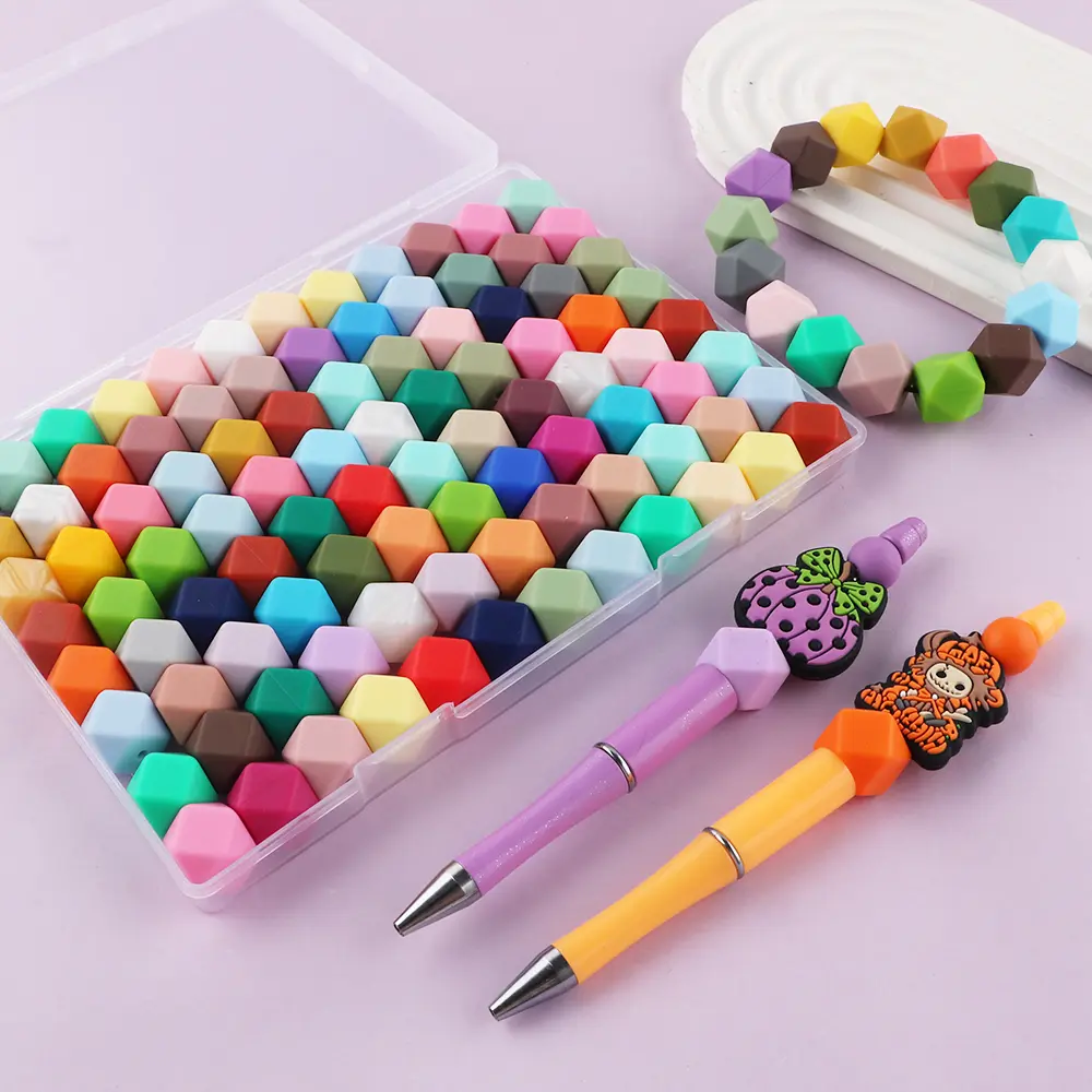 96Pcs/Box 14mm Hexagon Silicone Beads For Keychain Bracelet Necklace Making Randomly Mixed Color Silicone Beads For DIY Crafts Accessory