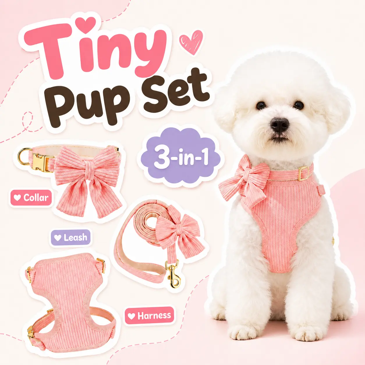 Small Dog 3-in-1 Bow Harness Set Pack, Soft Breathable Vest with Matching Collar and Leash for Chihuahua, Yorkie