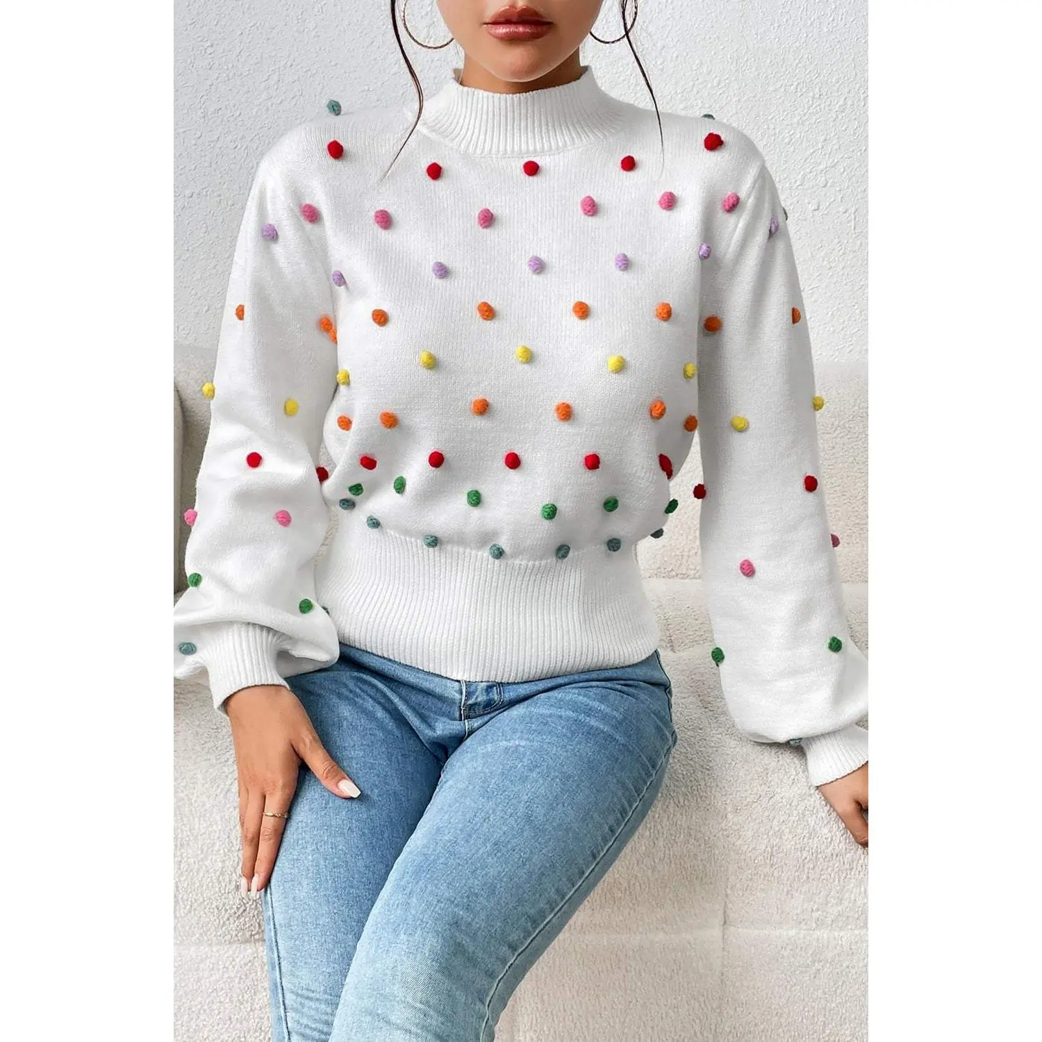 Pom-Pom Trim Mock Turtleneck Sweater