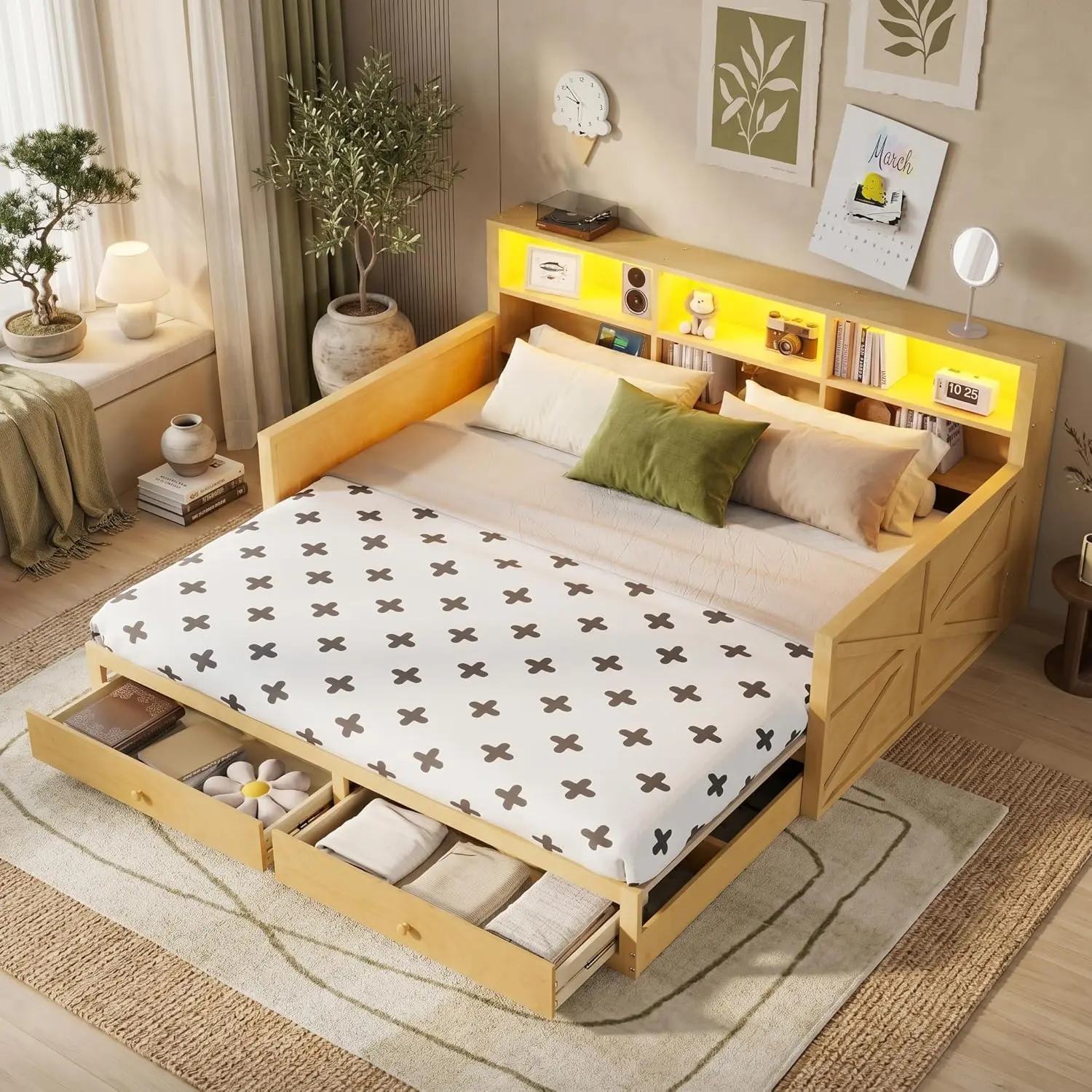 DUXELIFIN Rectangular Extendable Twin Daybed - Solid Pine Frame, LED Headboard with Storage, Charging Station, 2 Drawers, Bookcase, Twin-to-Double Convertible Sofa Bed for Kids, Guest Room, Natural/White (Lights Up Your Space, Converts to 2 Beds)