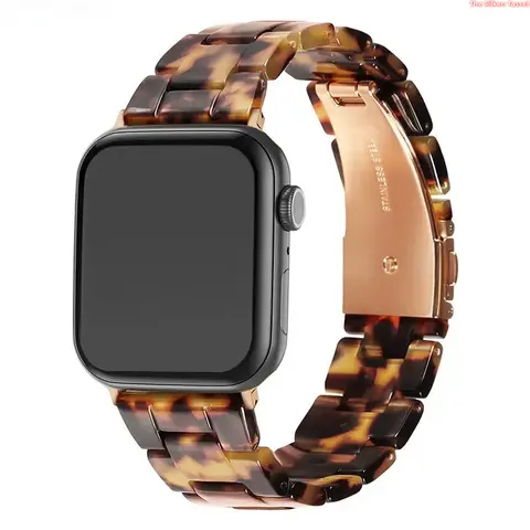 EYWXND 1× Tortoiseshell Resin Link Smartwatch Band, Durable Scratch-Resist Wearable Accessory for Women, Glossy Finish 38/40/41/42/44/45/49mm Vintage Wrist Strap with Fold-Over Clasp, Easy Installation (No Watch)