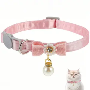 Detachable Cat Collar with Pearl Pendant, Quick Release Clasp, Bow, Adjustable Baby Kitten Collar, Polyester Bead, Floral Decor