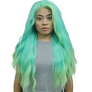 IMstyle Layla 28 inches 13*4 Lace Area Glue less | Lace Synthetic Wigs | Green Blue tone with Yellow Highlight | wave curly Hair | Colourful Essentials | DIY Hair Accessories | Heat Resistant |W218-C249-C13X3