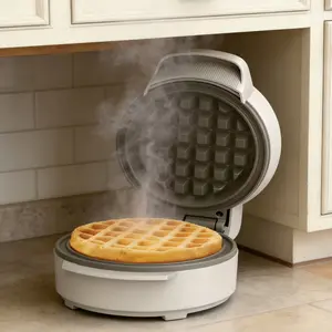 ISUNMEA Mini Waffle Maker, Ceramic Nonstick Coating, Cord Wrap, Ready Indicator Light & Cool Touch Handles, Stackable Design & Customizable Plates, 350 Watt, Oatmilk