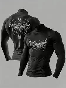Y2K Cyber Goth Compression Shirt Men | High Neck Quick-Dry Long Sleeve | Gym Workout & Streetwear | Moisture-Wicking Performance Top with Metal Band-Inspired Graphic | Edgy Aesthetic Fitness Wear Compression Workout Shirts