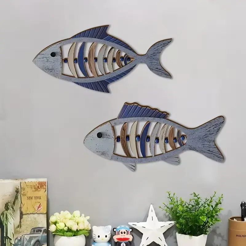 2 Piece Retro Fish Wall Decor, Laser Cut Nautical Ocean Theme, Vintage Blue Fish Style, Perfect for Bathroom, Garden, Home Wall Art, Unframed Wall Art, Decoration Items