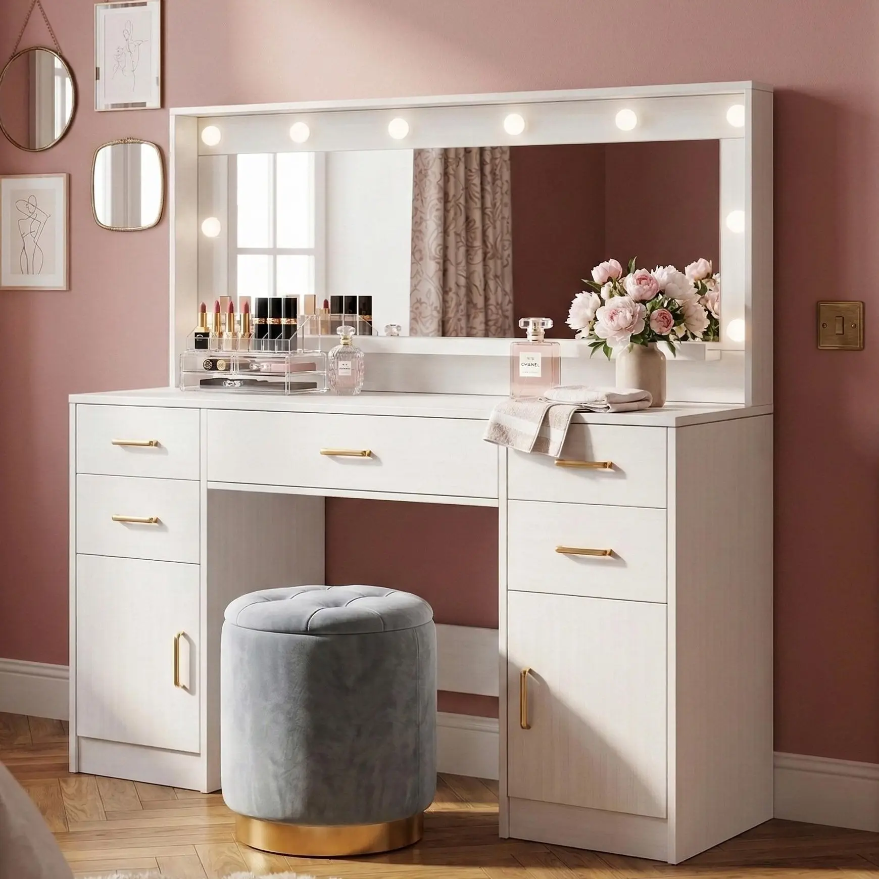 TOKSOM White Makeup Vanity (Stylish, Multi-Drawer, Backlight, LED-Powered) - Lighted Mirror Makeup Desk with 10 LED Bulbs, 3 Lighting Modes, Adjustable Brightness, 5 Drawers, 2 Door Cabinets for Bedroom (No Stool), Stylish Makeup Vanities