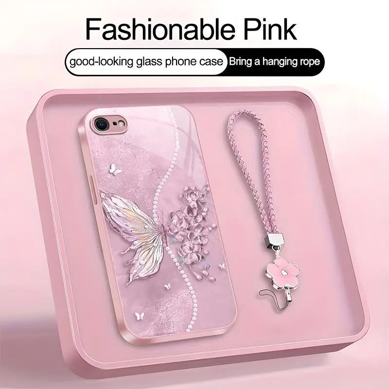 Fairycore Butterfly Phone Case, Elegant Floral Pearl Cover with Lanyard, Phone Accessories for iPhone SE (2nd-9th Generation) 975