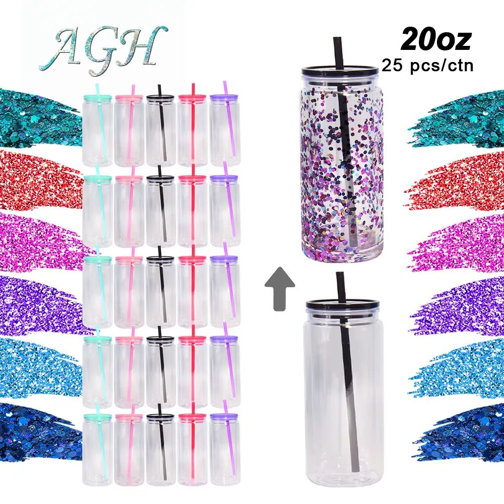 AGH 15/25pcs 20oz Snow Globe Acrylic Tumbler Cans Double Wall Plastic Cups with Lids & Straws for DIY Drinkware Washable Reusable Portable Mug Bottled Halloween