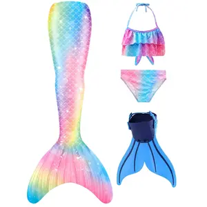Girls' 3-Piece Sporty Swimming Mermaid Bikini Swimsuit - Bright Sparkles, Cover-Up Skirt, Relaxed Fit, Multi-Size Princess Bathing Suit for Summer Beach (HEIXIAN-M1)