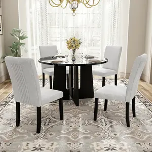 5-Piece Round Dining Table set, 43-Inch Modern Dining Table and 4 Upholstered Chairs for Dining Room, Kitchen Room, Living Room, Easy Assembly