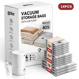 Travel Vacuum Storage Bags with USB Electric Pump, Vacuum Seal Bags for Travel Clothing, Cordless Travel Vacuum Storage Compression Bag Set with Rechargeable air Pump，Space Saver Vacuum Bags with Waterproof & Reusable, Perfect for Carry-On Suitcases Plast