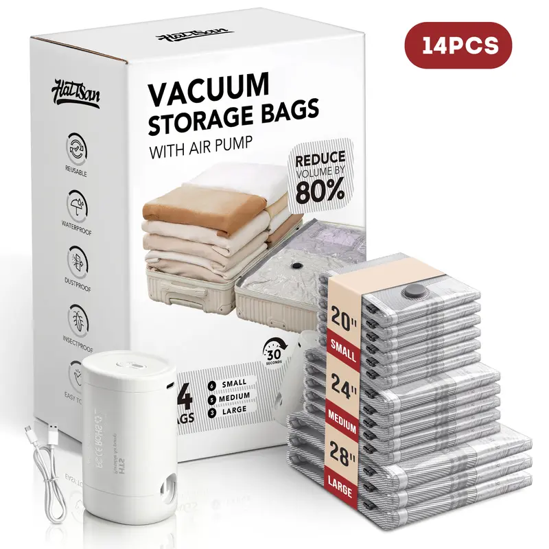 Unisex 14-Piece Portable PE Travel Vacuum Storage Compression Bags with USB Cordless Rechargeable Pump, Sealable Waterproof Reusable Space Saver Organiser with Utility Pocket for Carry-On Suitcases, Clothes (Do Not Wash)