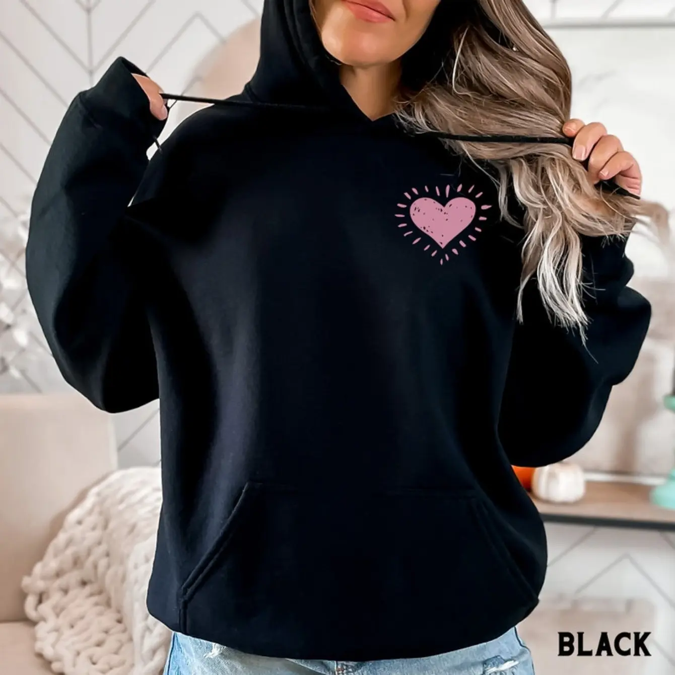 Women's Casual Heart Graphic Hoodie, Fitted Cut Pull On Sweatshirt in Soft Cotton Blend with Front Patch Pocket, Durable Print, Printed, Hoodie Black, Front Pocket, Clothes, Fabric, Pullover, Tops, Polyester, Casual Wear, Lady, Graphic Hoodies
