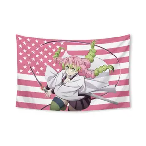 Mitsuri Kanroji Tapestry American Flag Anime Demon Slayer: Komatsu No Yaiba Funny Tapestries Durable Man Cave Wall Flag for College Dorm Room Decor Outdoor Party Banner Tree Design pink