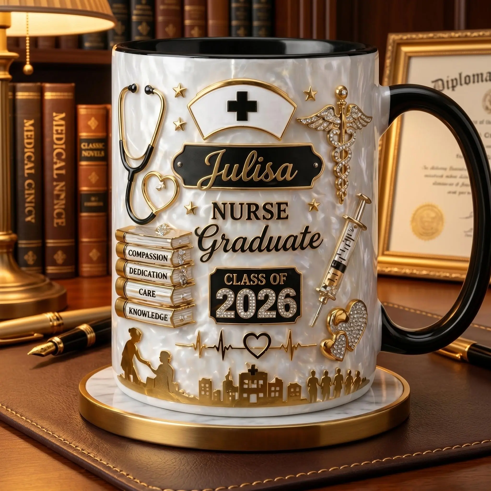 Personalized Julisa Nurse Graduation Mug 2D Printed 3D Effect, Custom Name Coffee Cup with Medical Icon Marble Design for Class of 2026 Nursing Students and Graduates, Perfect for Pinning Ceremony, Graduation Celebration, Achievement Keepsake
