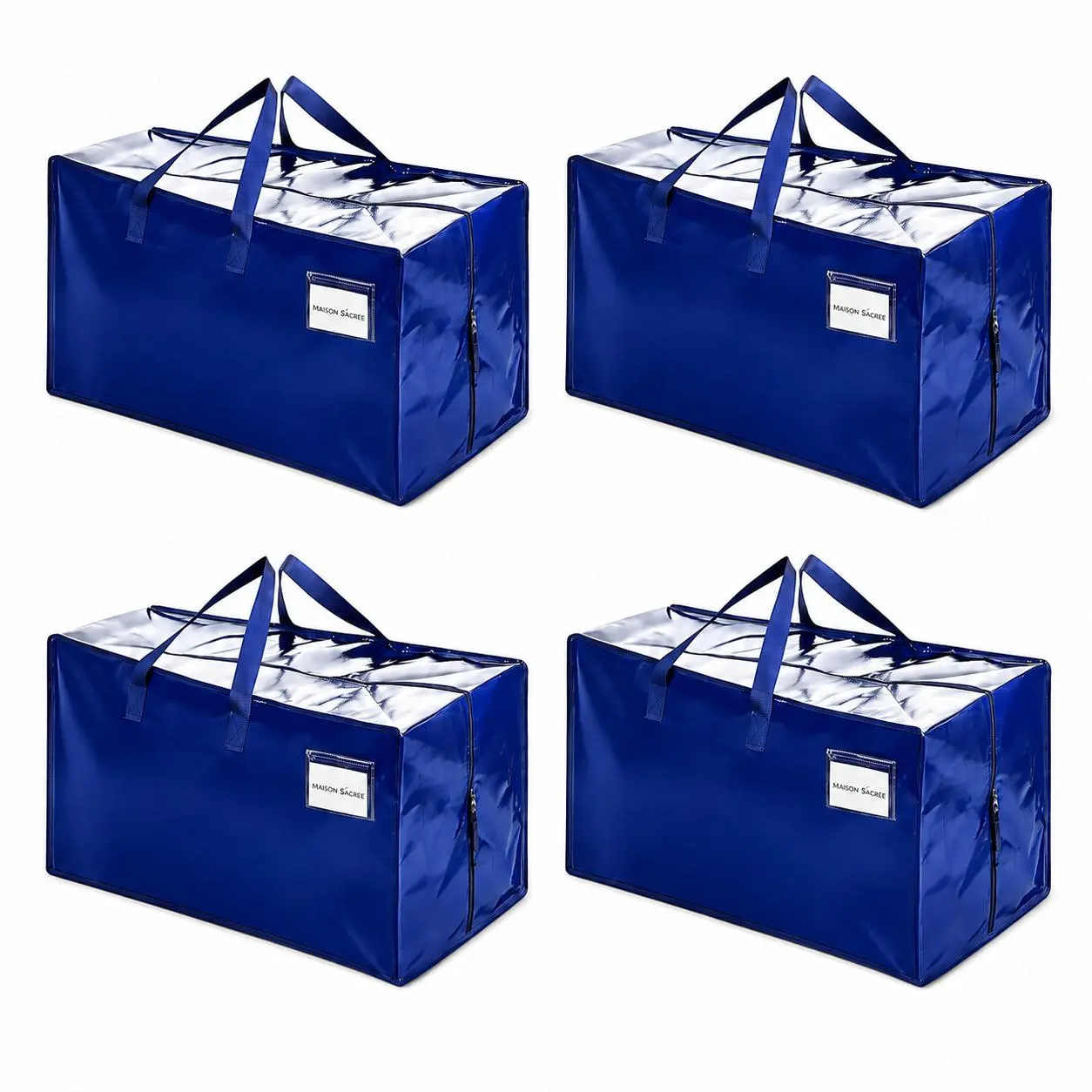 UNIQDESIGN 4-Pack & 2-Pack Heavy Duty Waterproof Seam-Sealed Polypropylene Moving Totes Storage Bags (Navy Blue) - 29in L x14in W x13in H, 24gal, Backpack Straps, Foldable, Zipper, Tag Pocket, for Bedding, Moving