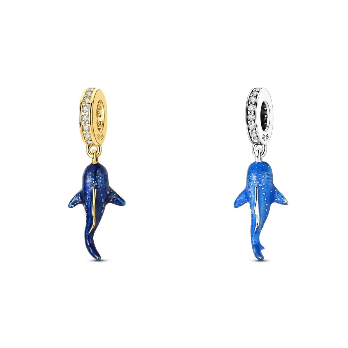 MULA 925 Silver Plated Luminous Whale Shark Pendant with Cubic Zirconia Enamel - Compatible with Pandora's Bracelets and Necklaces, Sea Animal Pendant Beads, Jewelry Gift for Women and Girls