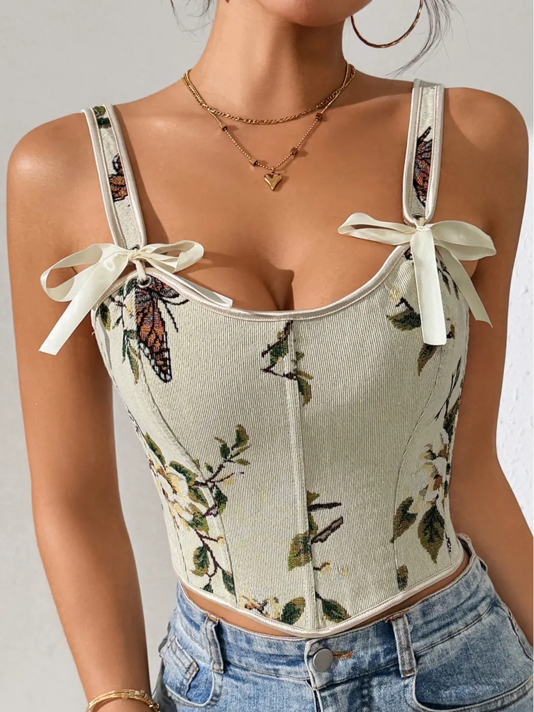 Apricot Floral Corset Top Women Waist Trainer Shapewear Bustier Tank Top Boned Sweetheart Neck Bow Going Out Brunch Date Garden Party Spring Summer Tops Coquette Cottagecore Romantic Vintage Cute