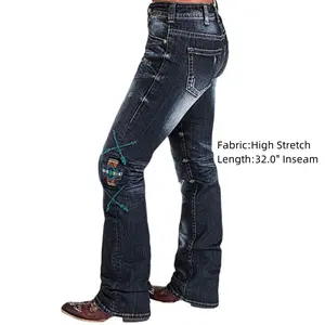 Flamingals Embroidered Ripped Button Fly Mid Waist Bootcut Jeans Without Belt Denim Casual High Stretch