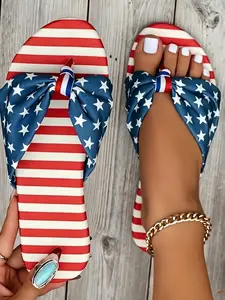 Style American Retro Flag Knot Sandals, Star Stripe Square Toe Flat Slippers, Women's Summer Independence Day Versatile Outdoor Shoes