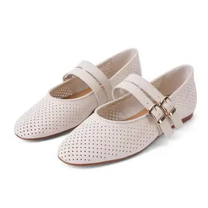 Women’s suede Mary Jane flats — perforated round toe ballet flats, comfortable walking ballerina shoes with double buckle strap
