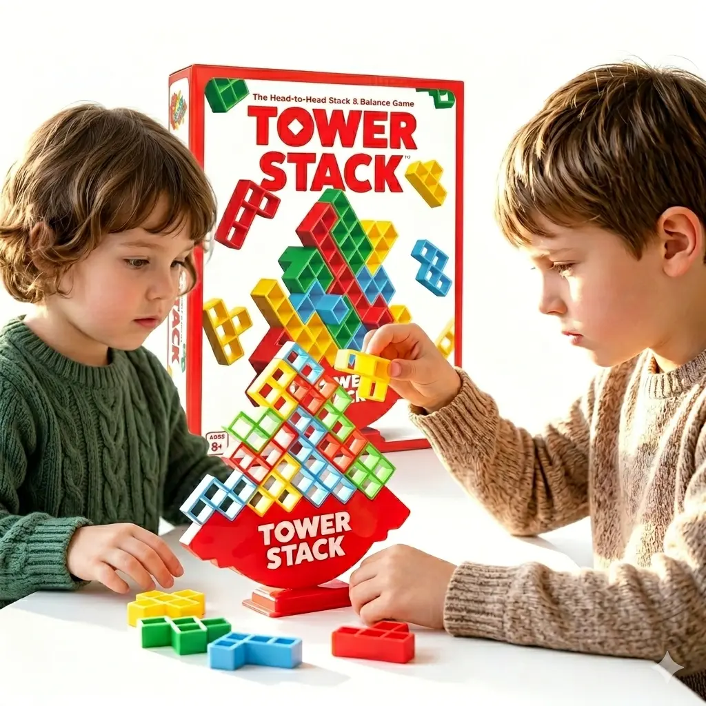 Tower Stack Game - The Head-to-Head Stacking & Balance Board Game for Family Night, Viral TikTok Table Game for Kids and Adults, Fun 2-Player Strategy Toy with 32 Blocks & 44 Cards