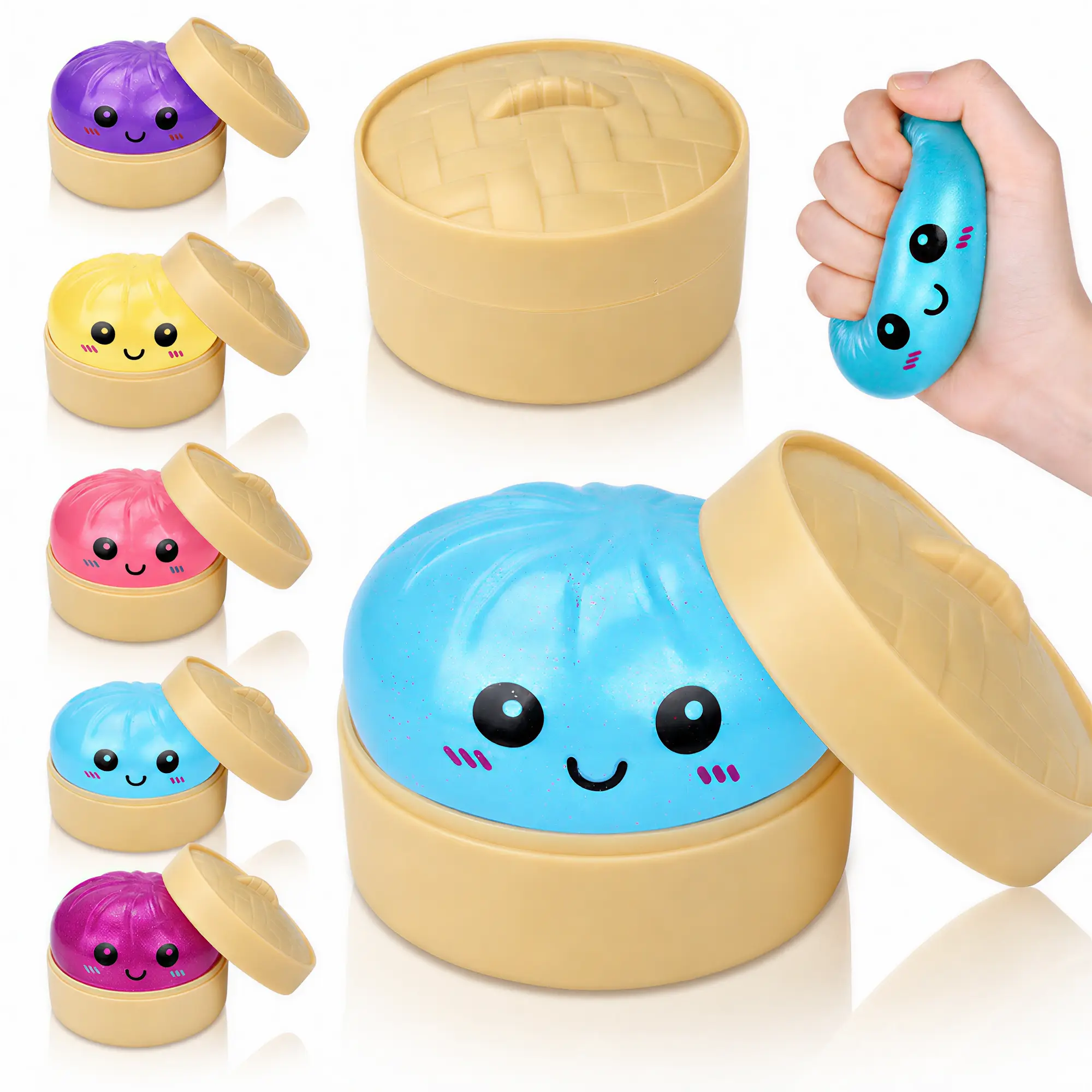 Glitter-filled dumpling squeeze toy with a steamer basket; a soft, sensory stress-relief toy for adults to help alleviate stress and anxiety. Features random rare designs. Suitable as a gift for any holiday.
