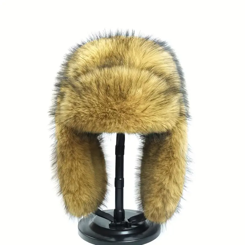 Unisex Vintage Thick Faux Fur Ushanka Hat - Warm Pilot Cap with Ear Flaps, Hook-and-Loop Closure, Classic Polyester Outdoor Headwear for Motorcycle Riders, Adults' Accessories, Automotive-Motorcycle Protective Gear, Black Cap, Accessories Adults