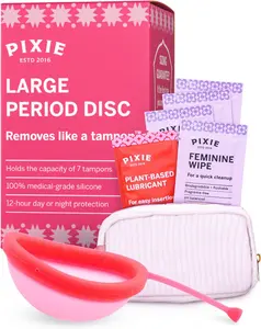 Pixie Menstrual Disc for Feminine Care - Ranked 1 for Best Tampon Alternative Period Disc - 100% Medical-Grade Silicone - Removes Like a Tampon - Wear 12 Hours - Capacity of 7 Tampons (Pink, Large)