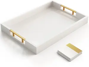 DEATH DECOR Navy Blue & White Glossy Serving Tray with Gold Handles 16x12 inch Modern Decorative Ottoman Tray for Coffee Tables & Vanity Organizer Gift Idea Plates