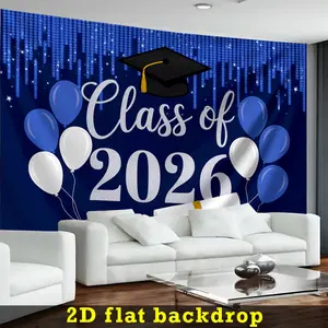 Graduation & Class of 2026 Backdrop – Blue Cap Diploma Tapestry, Wall Hanging, Photography Background, Polyester HD Print, Party, Display, Celebration Decor